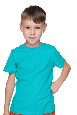 A little boy speaks on the white の写真素材