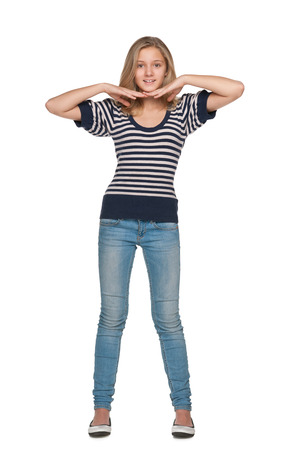 An adorable preteen girl against the white の写真素材