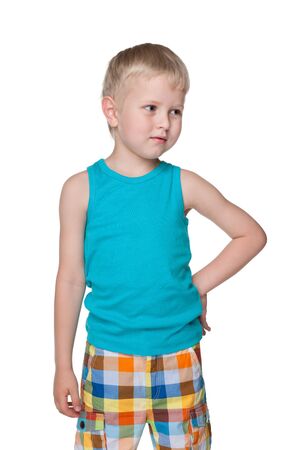 A portrait of a curious blond little boy on the white backgroundの写真素材
