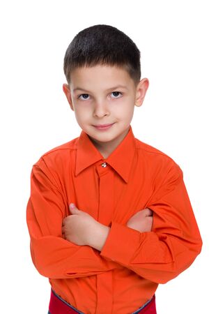 A portrait of a cute little boy on the white backgroundの写真素材