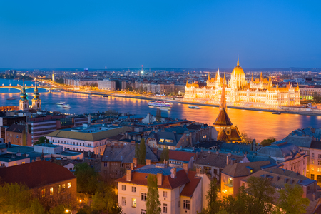 View of Hungarian Parliament building at a spring nightの写真素材