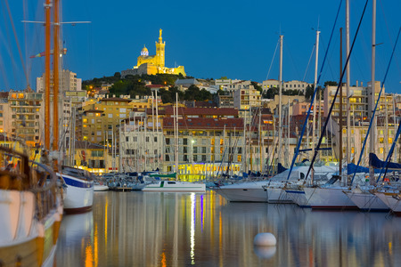View of yachts in the Marseille port at a summer nightの写真素材