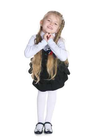 An expressive little girl on the white backgroundの写真素材