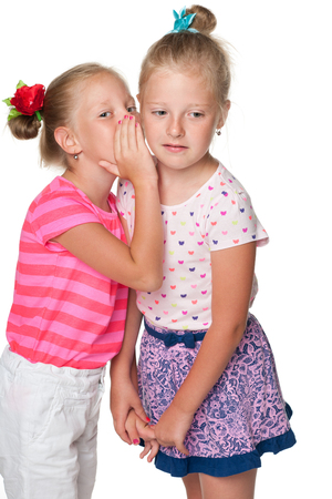 A pretty little girl whispers something to her friendの写真素材