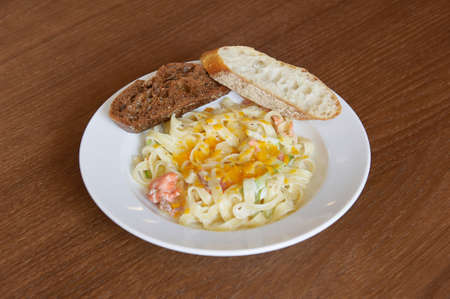 pasta in cream sauce with shrimpの写真素材