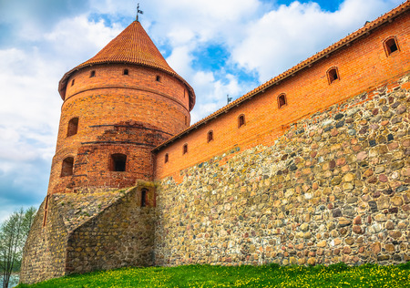 Red brick tower and wall of the Trakai castle in Lithuaniaのeditorial素材