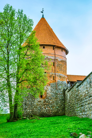 Red brick tower of castle in Trakai, Lithuaniaのeditorial素材