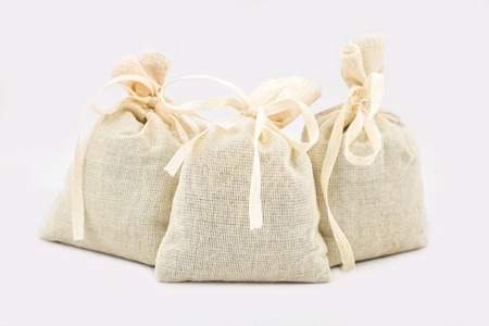 Textile sachet pouches on white backgroundの写真素材
