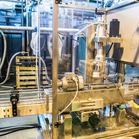 Automatic packing line of conveyor. Pharmaceutical and chemical industry. Manufacture on factoryの写真素材