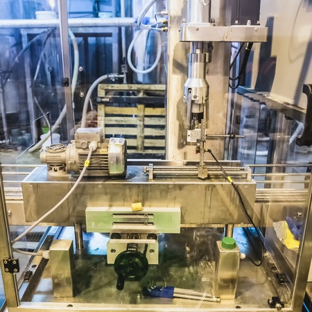 Automatic packing line of conveyor. Pharmaceutical and chemical industry. Manufacture on factoryの写真素材