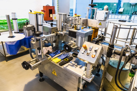 Automatic packing line of conveyor. Pharmaceutical and chemical industry. Manufacture on factory