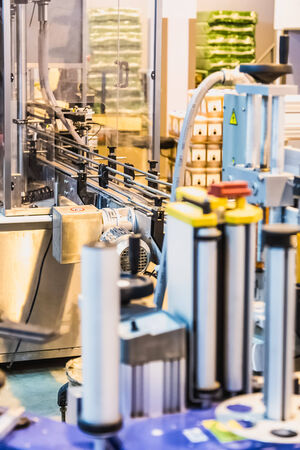 Automatic packing line of conveyor. Pharmaceutical and chemical industry. Manufacture on factoryの写真素材