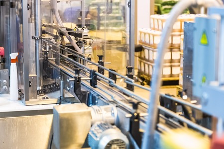 Automatic packing line of conveyor. Pharmaceutical and chemical industry. Manufacture on factoryの写真素材