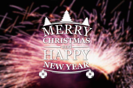 Merry Christmas and New Year greeting card on blurred fireworks background