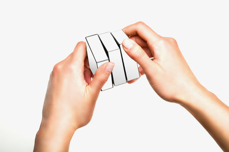 Hands holding or playing with white cube on white background