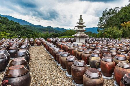 Traditional buddhist monks metal brown pots in South Koreaの写真素材