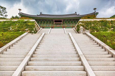 Traditional korean architecture old monks temple with stairs in South Korea at autumnの写真素材
