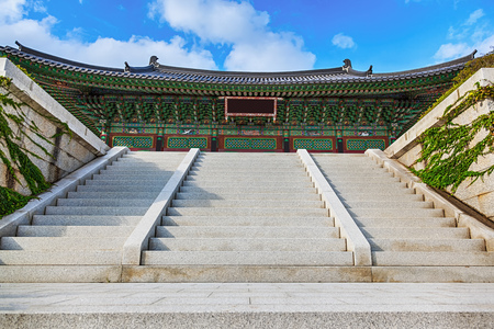Traditional korean architecture old monks temple with stairs in South Korea at autumnの写真素材