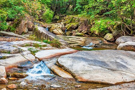 River with rocks and stones in mountain forest in South Koreaの写真素材