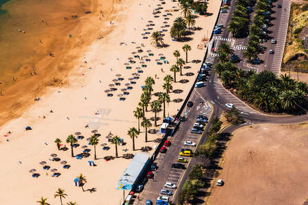 Aerial view to road near the beach Las Teresitas in Santa Cruz city on Tenerife Canary island, Spain at spring or summerの写真素材