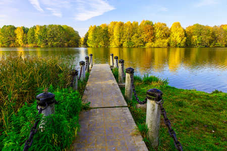 Autumn Yellow Trees and Wooden Dock at Lake in the Afternoonの写真素材