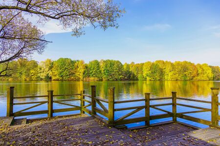 Pier with Stairs, Fence and Fallen Leaves at Lake and Yellow Trees with Blue Sky Reflected in Water in Autumnの写真素材