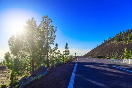 Landscape with Asphalt Road and Mountains with Sky and Sun on Canary Island in Spainの写真素材