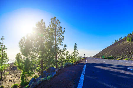 Landscape with Asphalt Road and Mountains with Sky and Sun on Canary Island at Dayの写真素材