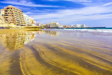 Sand Beach Coast or Shore of Atlantic Ocean with Buildings Landscape on Tenerife Island in Spainのeditorial素材