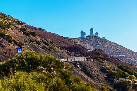 Landscape with Astronomical Observatory Telescopes at Background in Tenerife Canary Island in Spainの写真素材