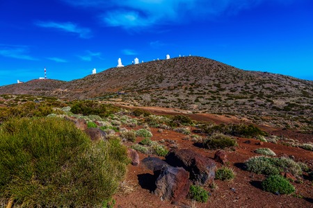 Landscape with Astronomical Observatory Telescopes at Background in Tenerife Canary Island in Spainの写真素材
