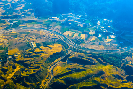 Airplane view on mountain from aboveの写真素材