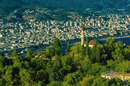Closeup view on Alanya city with castle on hill in Turkeyのeditorial素材