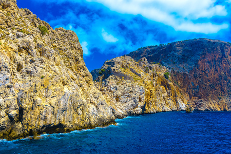 View on sea, mountains and old fortress in clouds in Alanya, Turkeyのeditorial素材