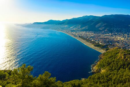 Bird's eye View on City Cleopatra Beach Coast or Shore at Sunset in Alanya, Turkeyの写真素材