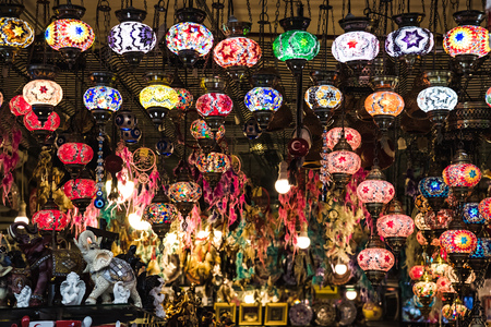 Colorful Turkish lamps hanging in central shop of Alanya, Turkeyの写真素材