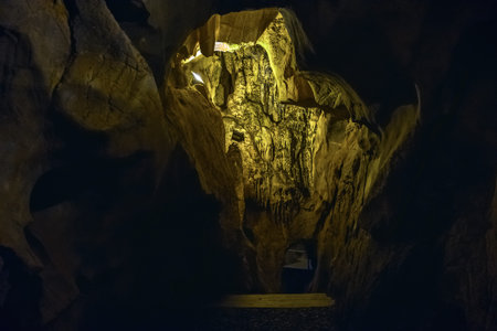 View of Dim Cave with Stalactite and Stalagmite Formations in Alanya, Turkey