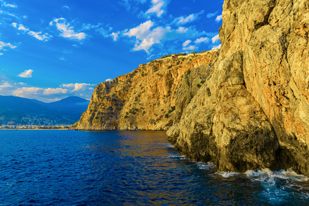 View on ancient Alanya fortress on high rock and sea, Turkeyの写真素材