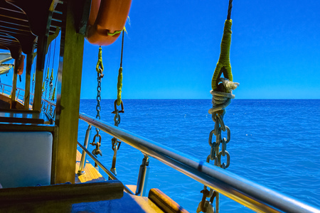 Sea trip on board of ship with views of sea in Alanya at sunny day, Turkeyの写真素材