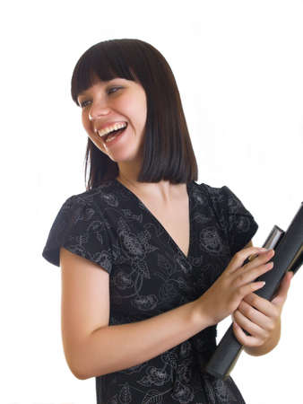 Happy successful business woman. Isolated over white backgroundの写真素材