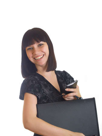 Happy successful business woman. Isolated over white backgroundの写真素材