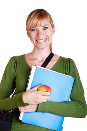 Portrait of a young attractive student on the white backgroundの写真素材