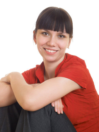  Portrait of a smiling girl in a red shirtの写真素材