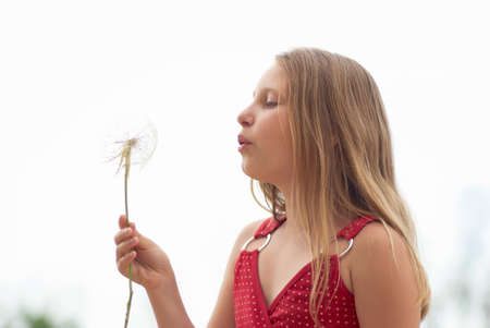 Girl with dandelion on a light backgroundの写真素材