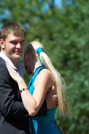 portrait of a happy young couple in parkの写真素材