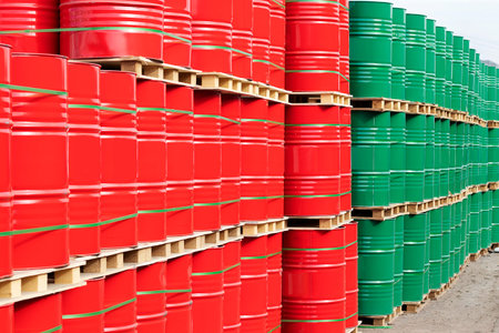 Barrels of 200 liters of metal are in the pallet on the street under the open sky. Red and green...