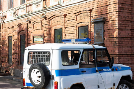 Russia, Chelyabinsk, 12-06-2019. UAZ. Editorial A UAZ police car with a blue siren stands near the...