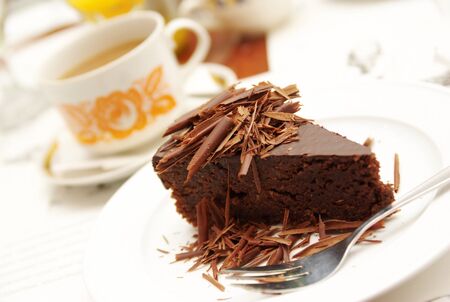 Chocolate cake with teaの写真素材