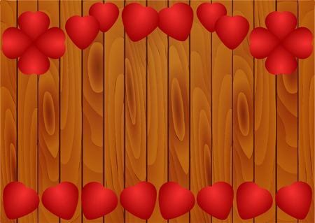 Vector illustration red hearts on a realistic wooden background of Brown boards.のイラスト素材