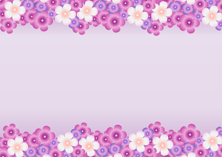 Vector bright background with a pattern of lilac, purple, white flowers of lilac horizontally at the top and bottom.のイラスト素材